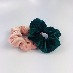 Two Washable Pink and Green Velvet Scrunchies